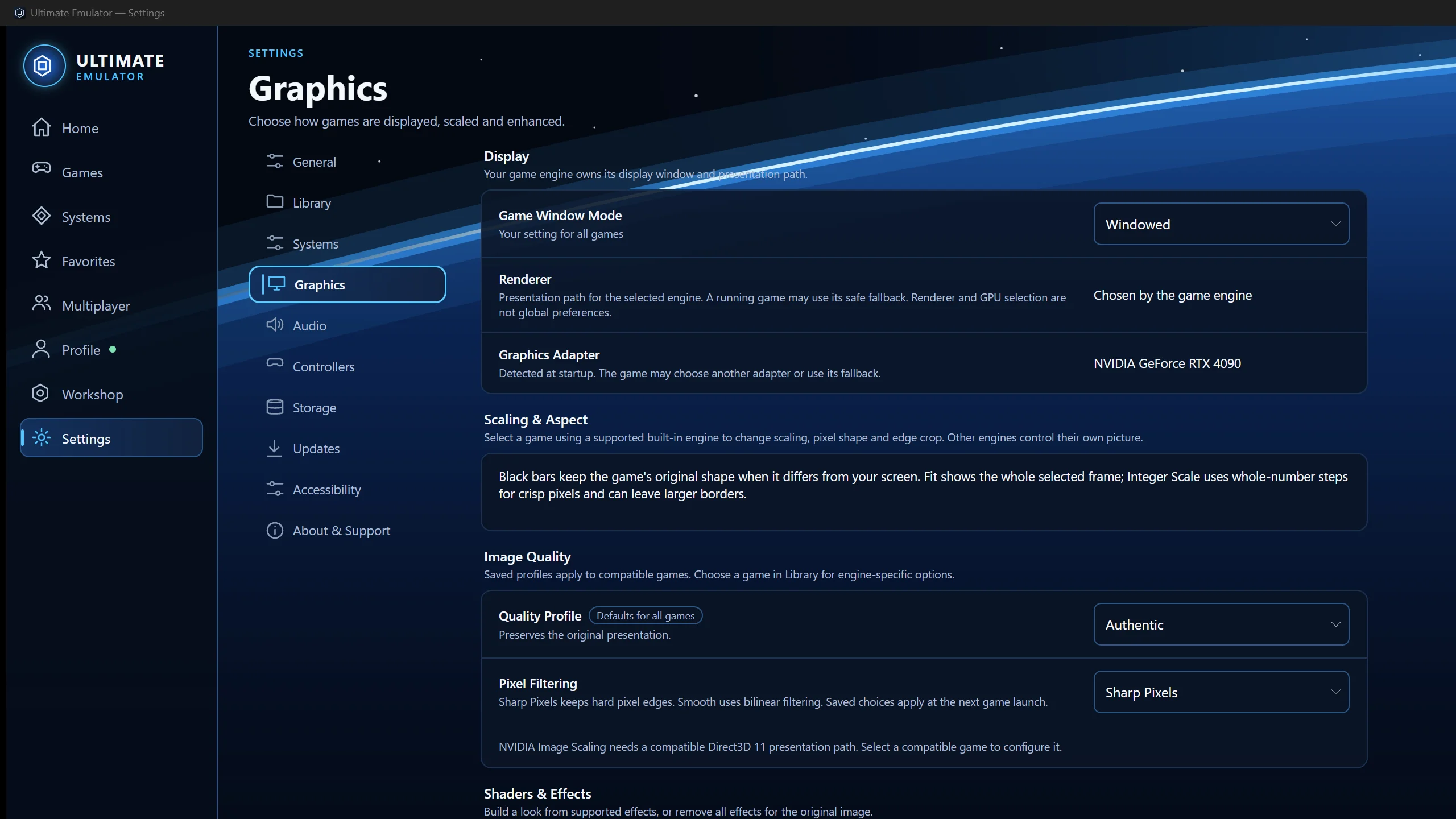 Actual Ultimate Emulator alpha.91 Graphics settings; controls vary by core and backend