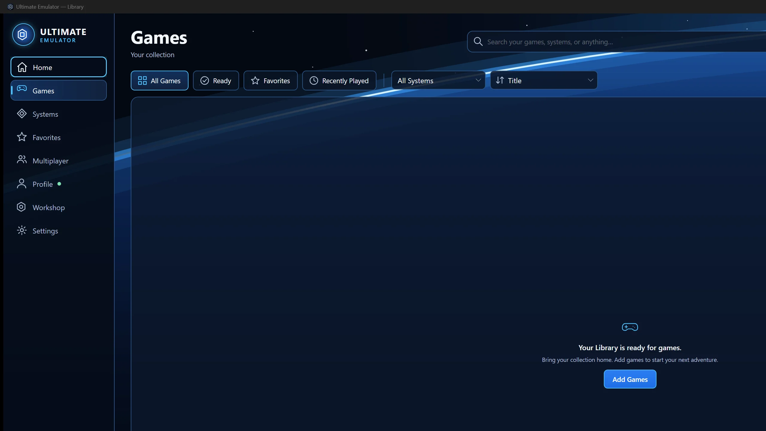 Actual Ultimate Emulator alpha.91 Library, ready for your own games; no games are bundled