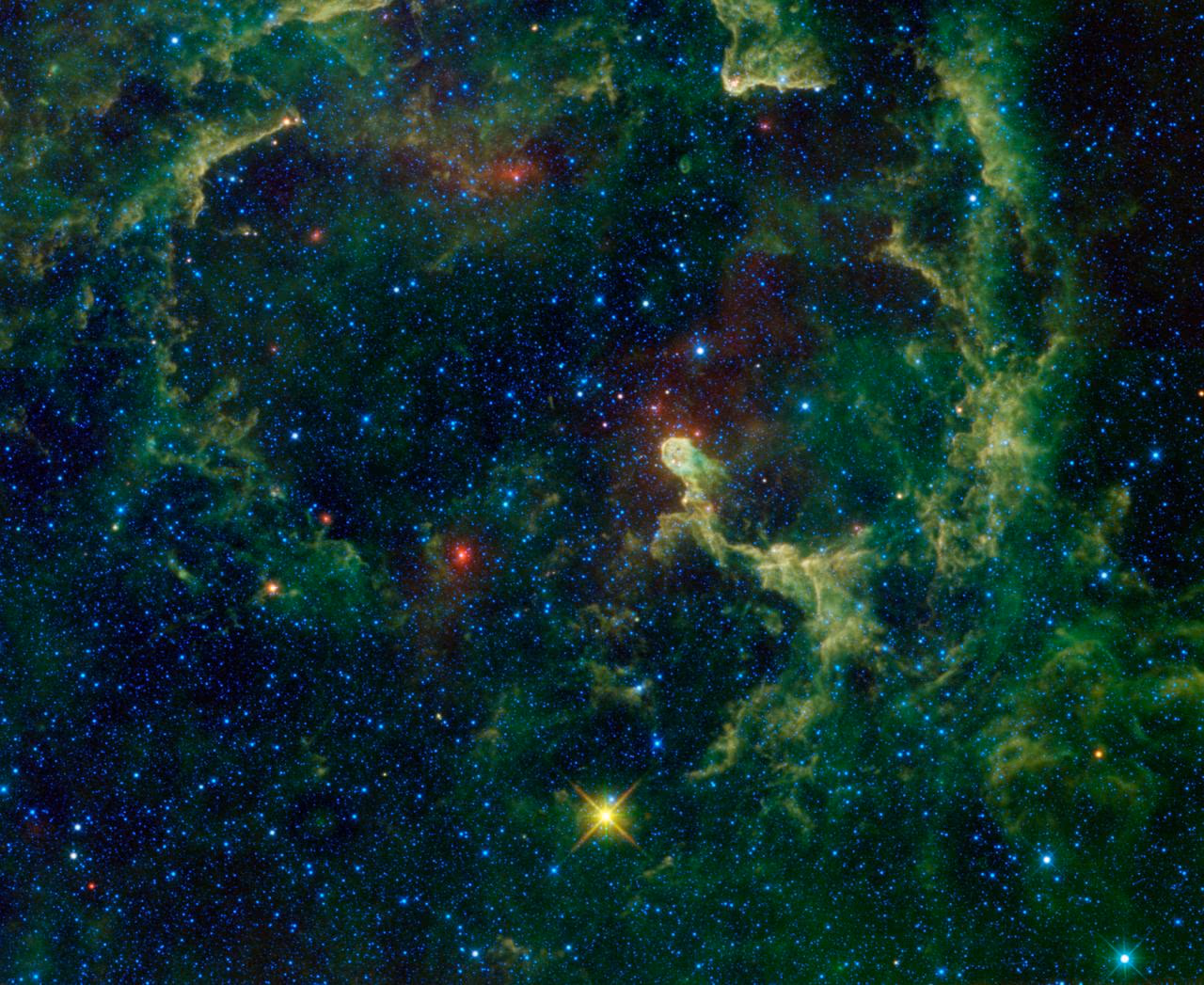 The Elephant's Trunk Nebula IC 1396 — a dark dust pillar embedded in glowing hydrogen, with embedded young stars.